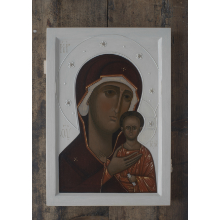 Mother of God Petrovskaja. 2021  by Olga Shalamova 31 * 21.5 cm (12.2 * 8.5 in),  wood, gesso, relief gesso, egg tempera |email|  
