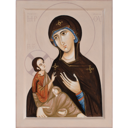 Icon of the Mother of God with Christ Child. 2018 by Philip Davydov 31 x 23 cm (12.5 x 9 inches) wood, gesso, egg tempera, gilding|email|  