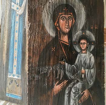 Icon of Theotokos by Olga Shalamova on 
an Old Nut Tree Board